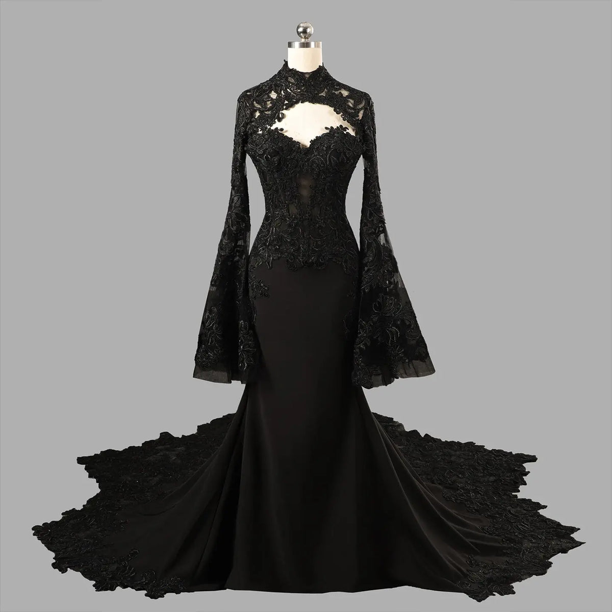 Black Luxury Gothic  Fancy Lace Wedding Dress Mermaid Mandarin Collar  SW562 Sheer Fairy