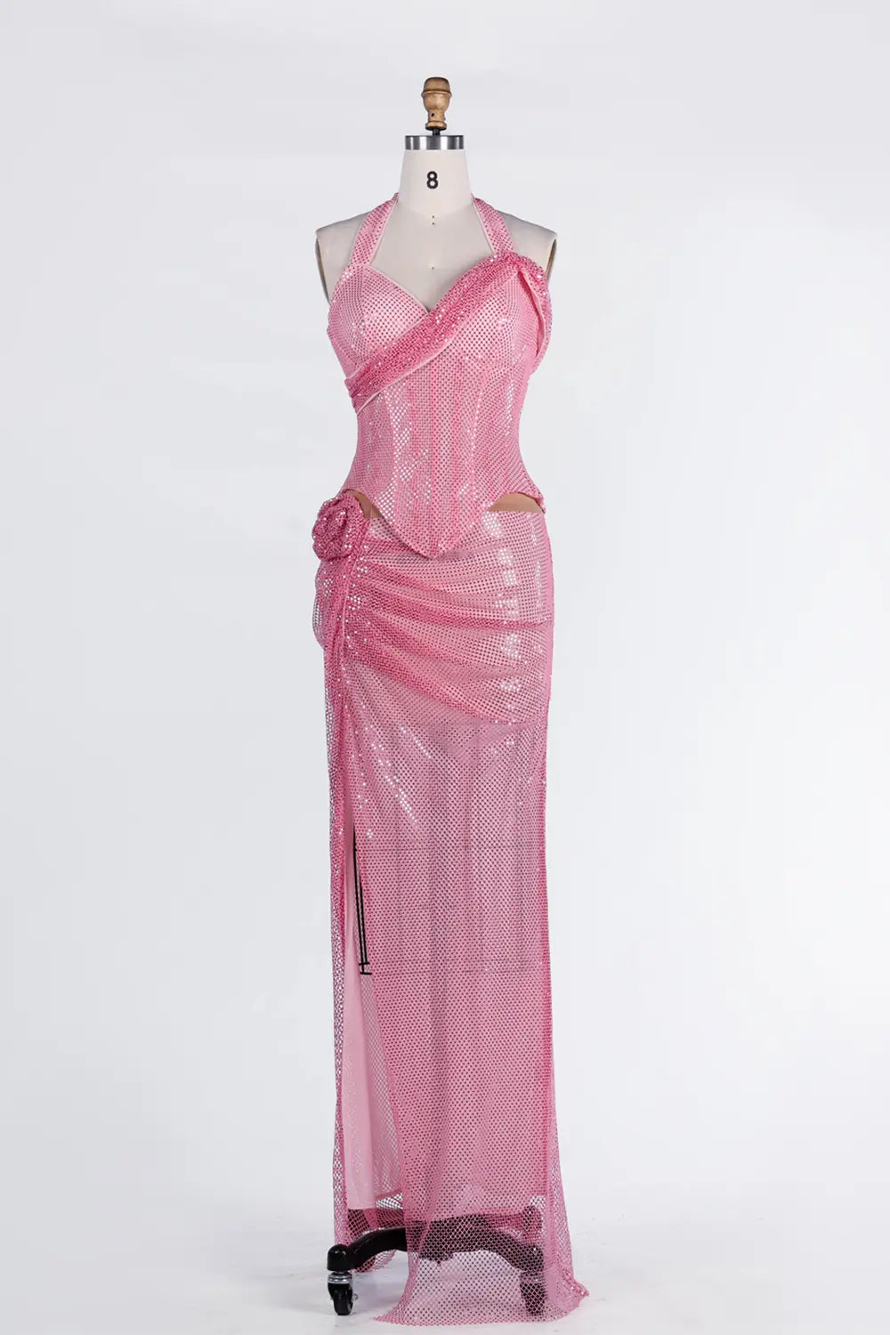 Pink Sequin Halter Corset High Slit Maxi Evening Dress ST036 Sheer Fairy