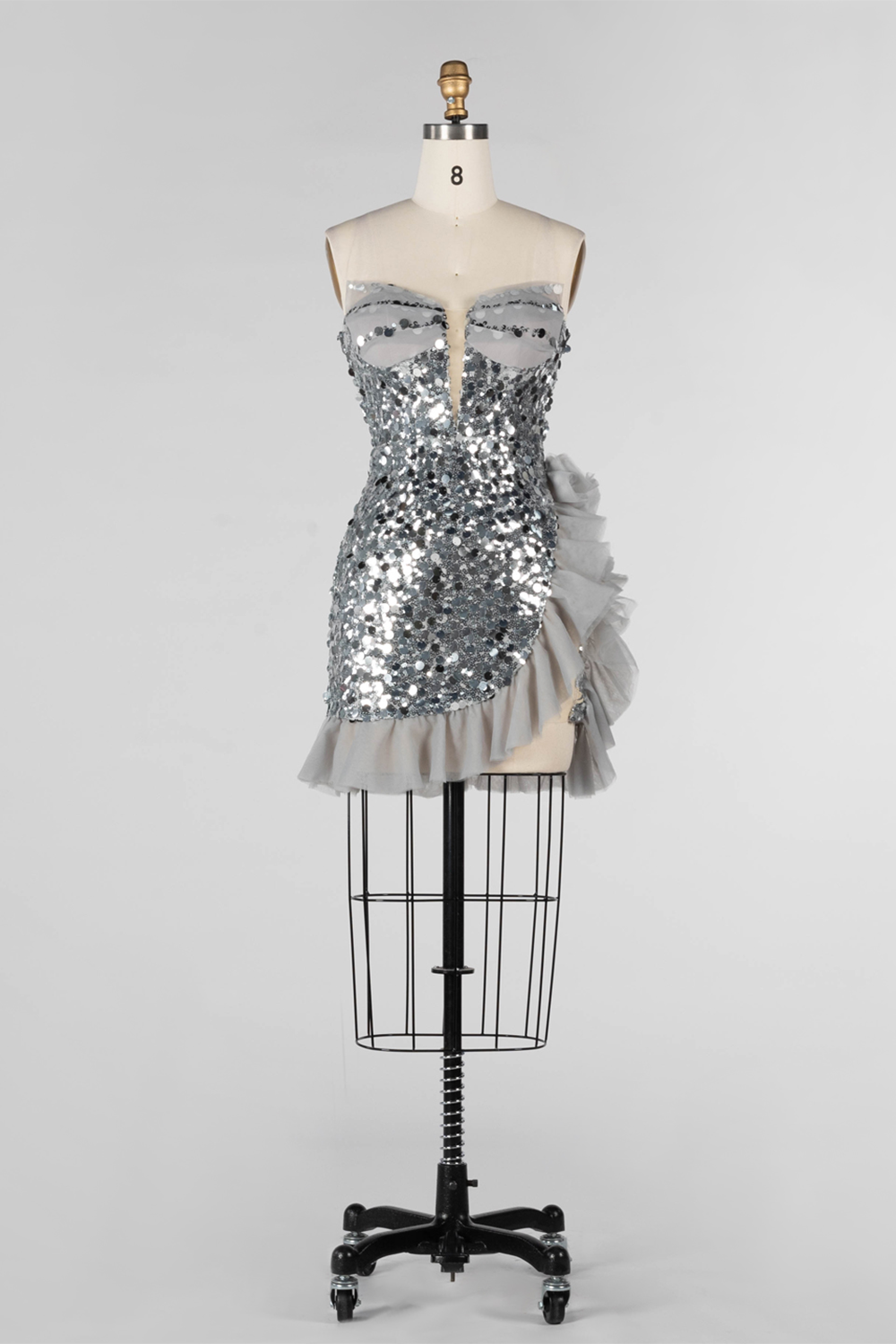 Gray Sequin Strapless Mini Evening Dress with Ruffle Tulle Hem ST019 Sheer Fairy