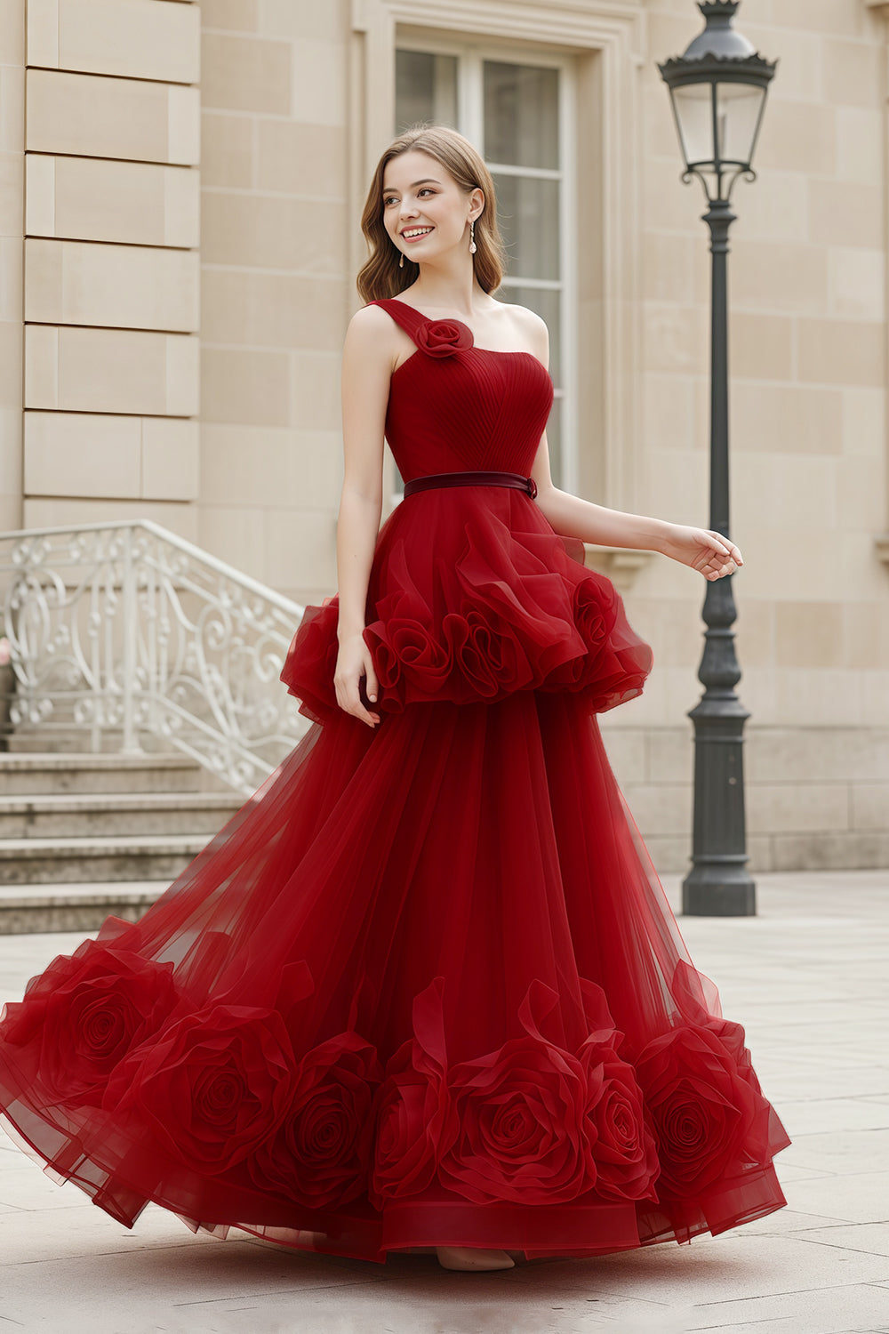 Modest Red One-Shoulder Ballgown Prom Dress with Ruffled Tulle SH360 Sheer Fairy