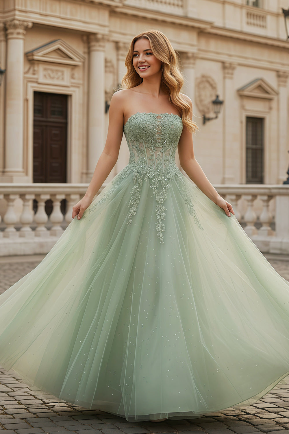 Sage Green Lace Strapless Off Shoulder A-Line Prom Dress SH130 Sheer Fairy