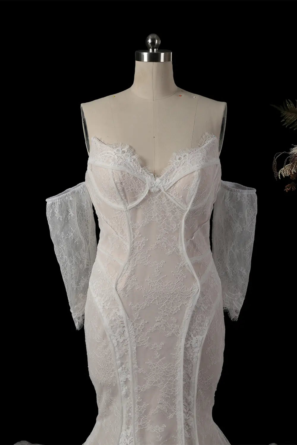 White Corset Mermaid Long Sleeve Wedding Dress SW752 Sheer Fairy