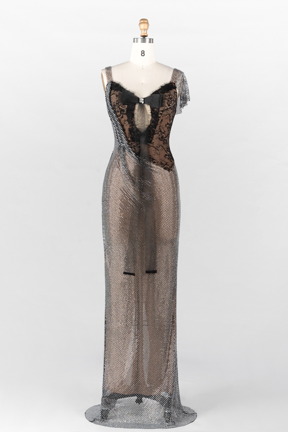 Black Lace Patchwork Silver Sparkle Mesh Floor Length Evening Dress ST023 Sheer Fairy