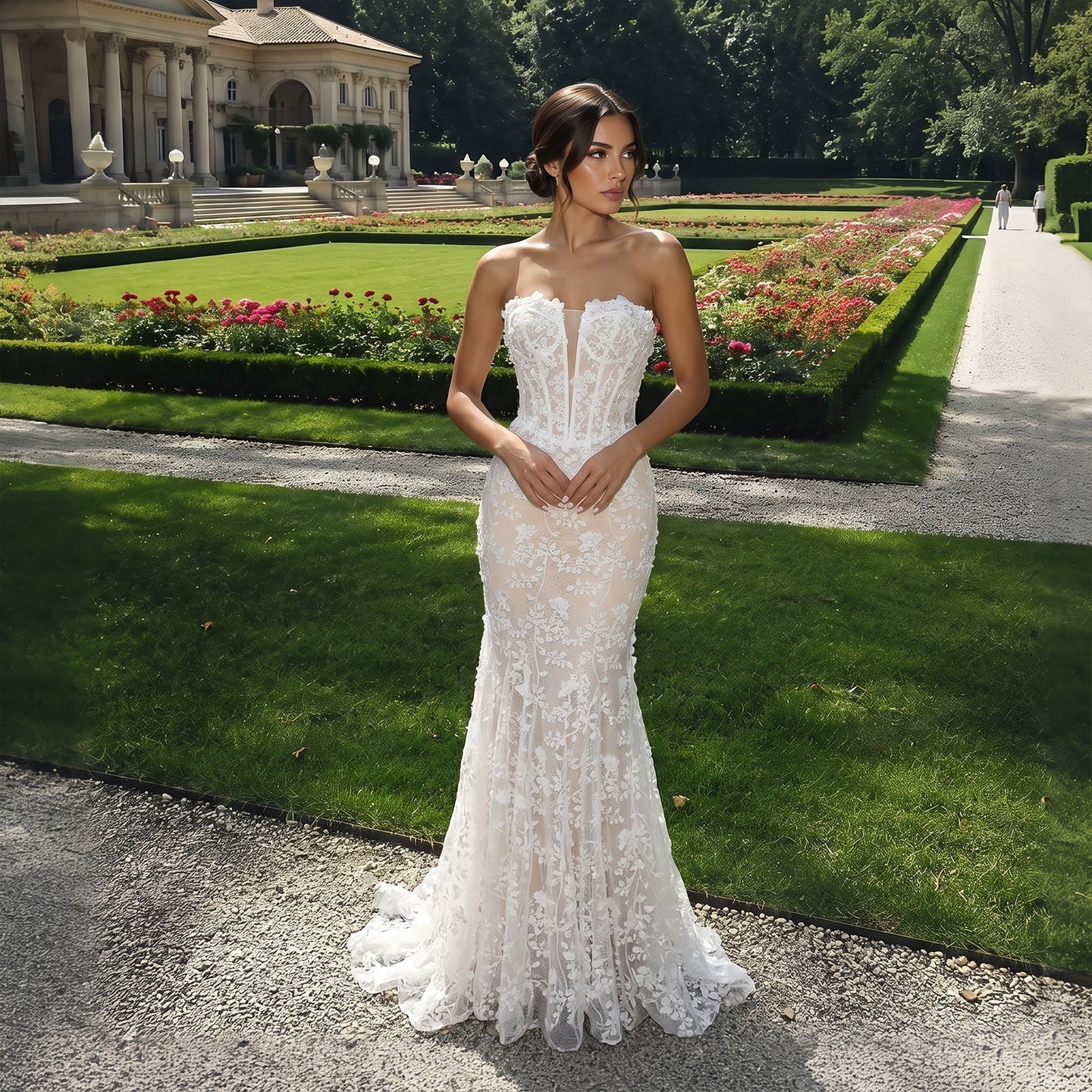White Nude Lace Fairytale  Mermaid Wedding Dress 3D Floral  Train  SW649 Sheer Fairy