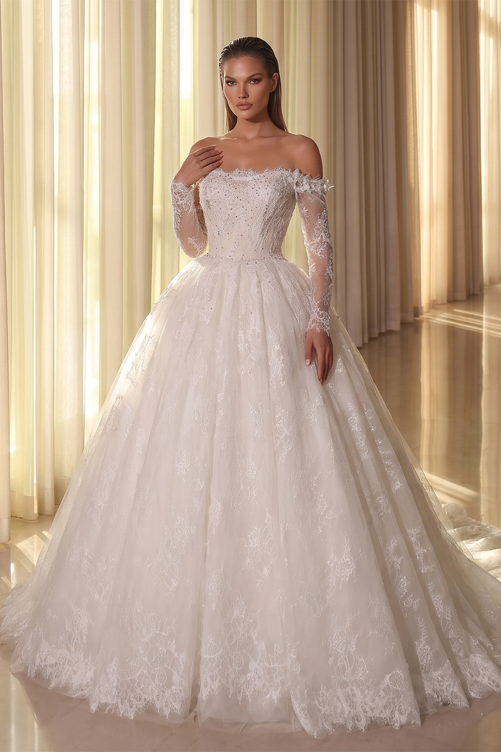 White Lace Ball Gown Wedding Dress Off the Shoulder with Long Sleeves and Beaded Details SW679 Sheer Fairy