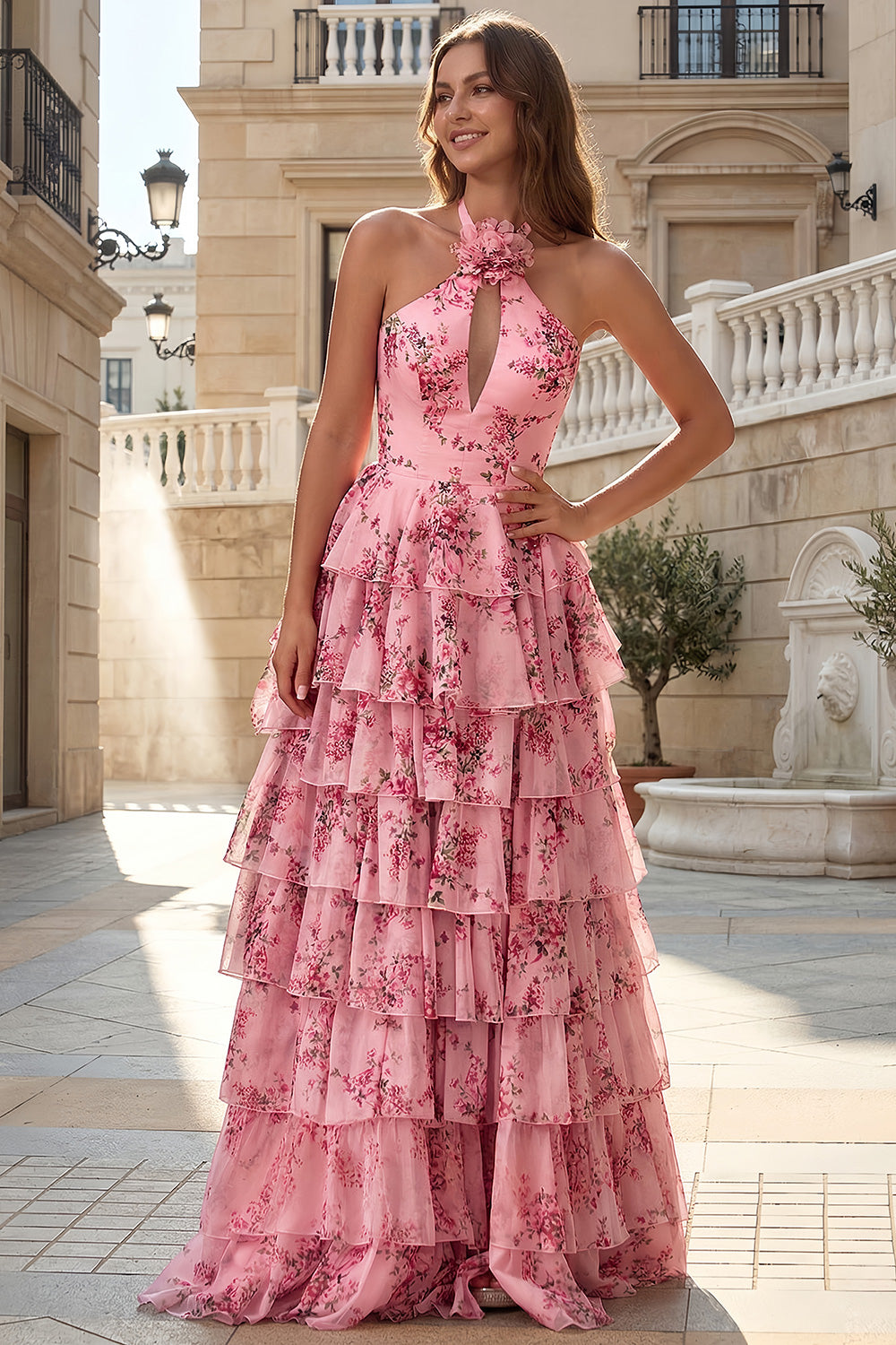 Sexy Backless Halter Pink Floral Prom Dress with Tiered  SH728 Sheer Fairy