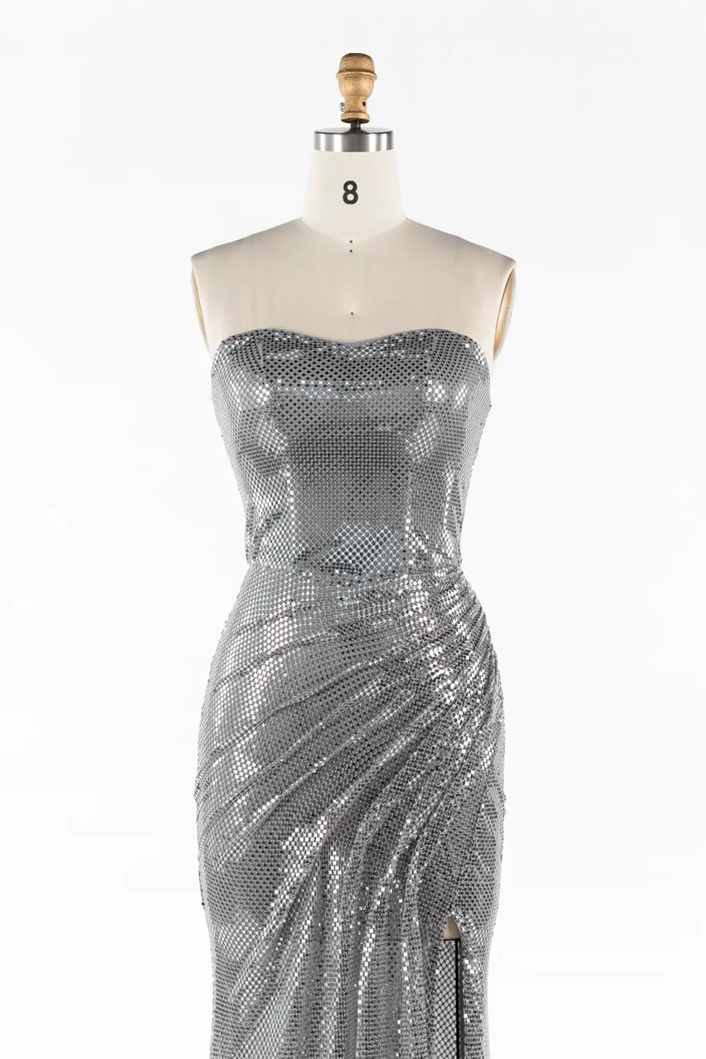 Silver Strapless Ruched Sequin Slit Formal Evening Dress ST058 Sheer Fairy