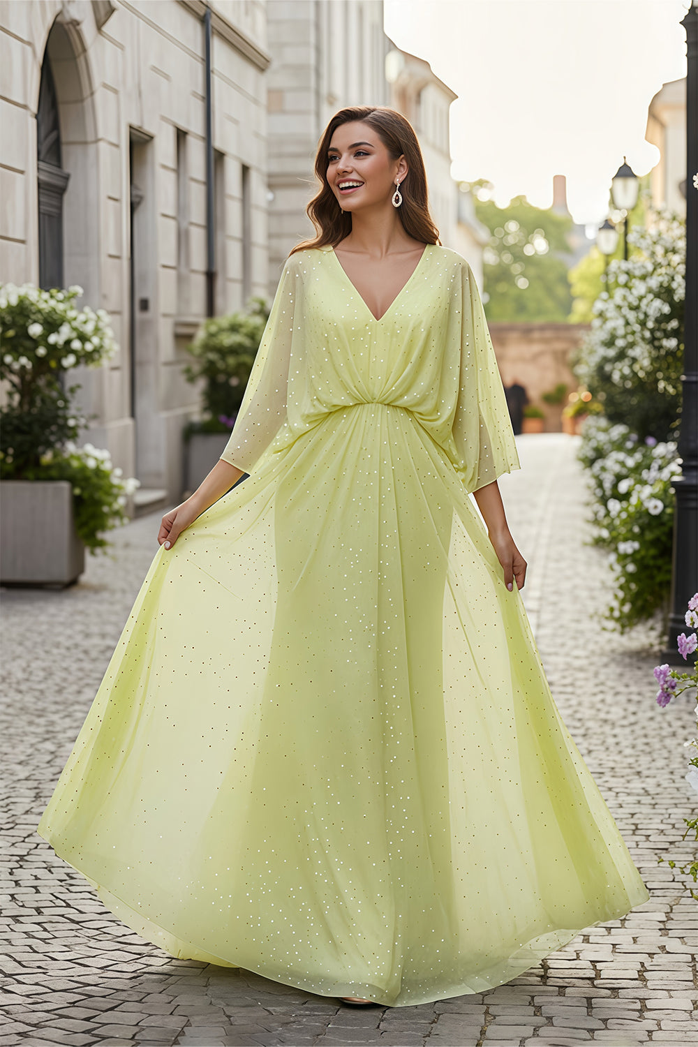 Yellow Plunging V-Neck Batwing Sleeve Sheath Prom Dress SH113 Sheer Fairy