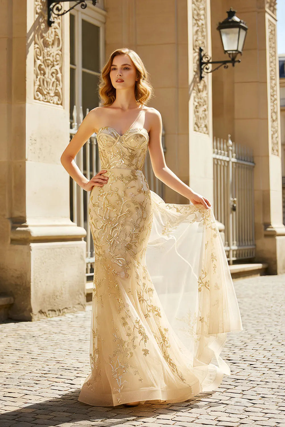 Gold Lace Sweetheart Mermaid Prom Dress SH486 Sheer Fairy