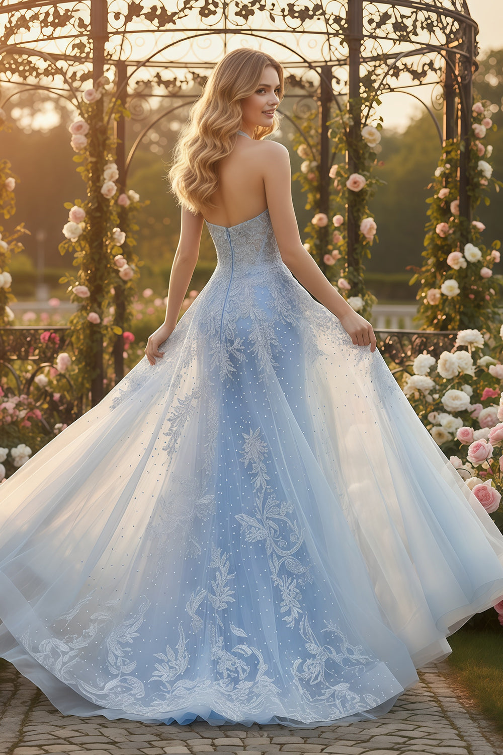 Light Blue Halter Mermaid Prom Dress with Lace Beaded SH170 Sheer Fairy