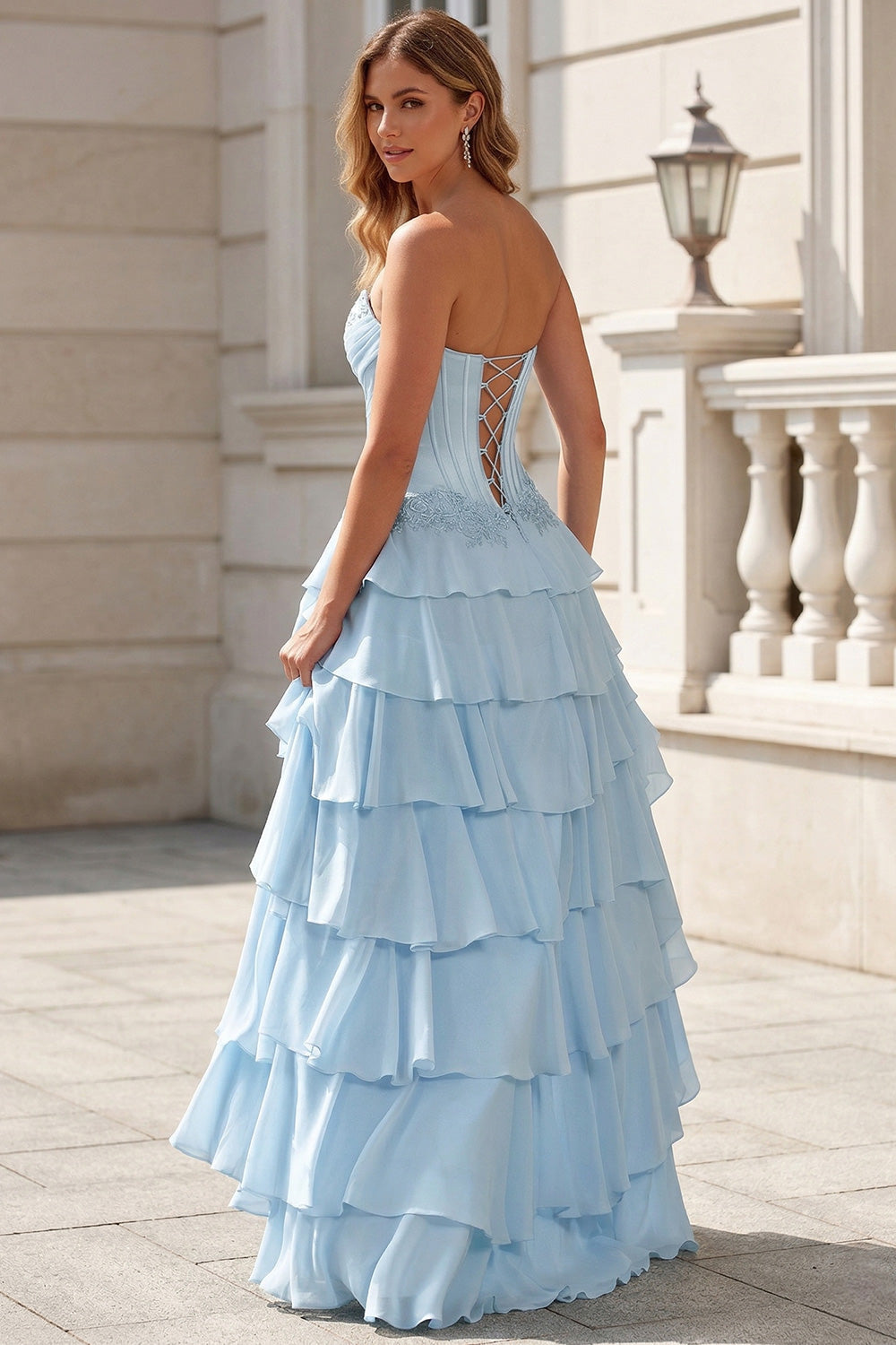 Tiered Ruffles Sky Blue Lace Prom Dress with Corset Bodice SH733 Sheer Fairy