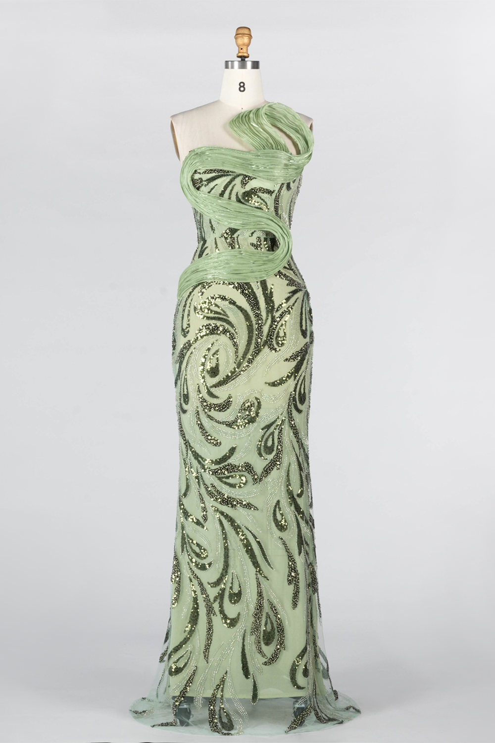 Sage Green Sculpted Bodice Embellished Mermaid Evening Gown ST018 Sheer Fairy