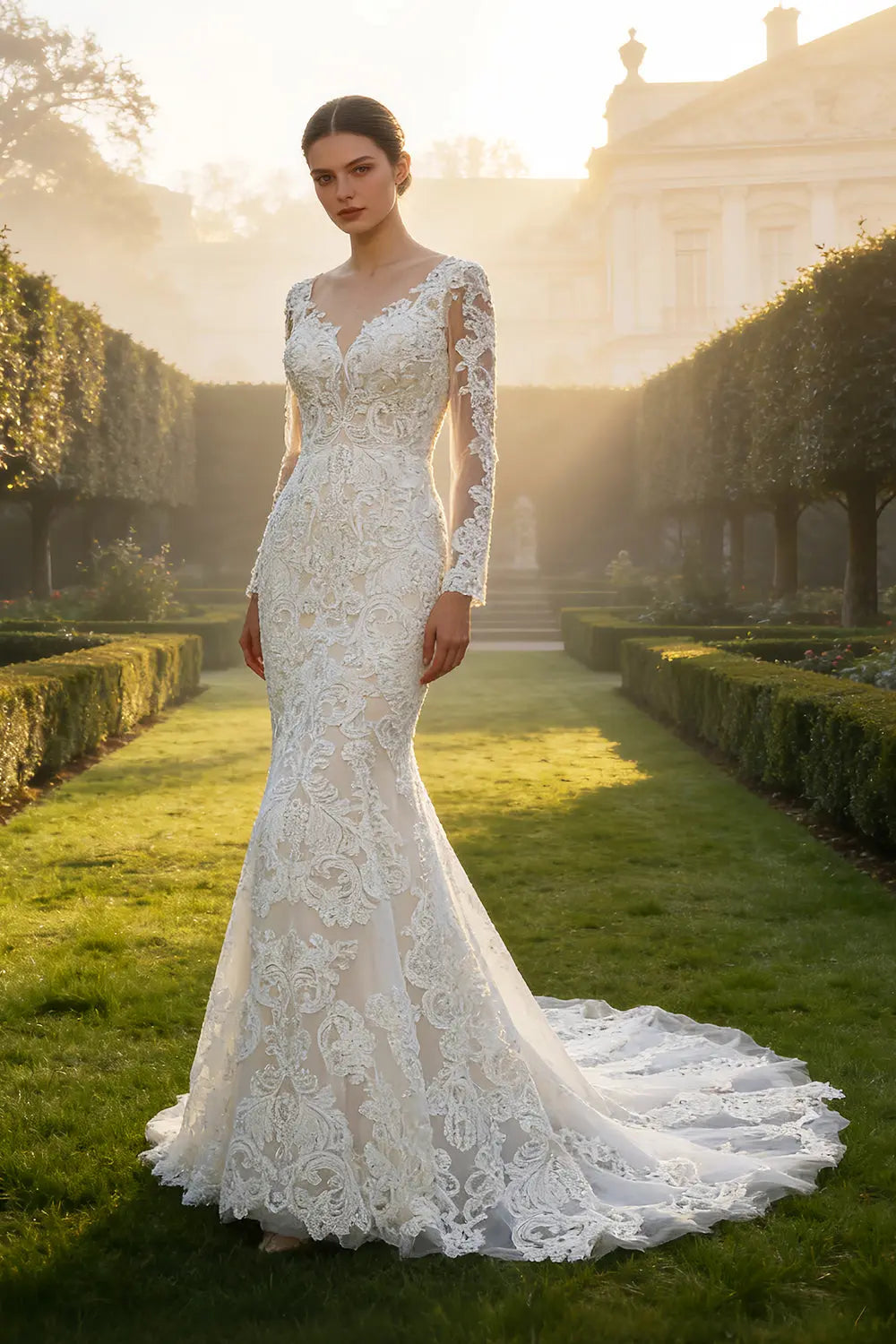 Long Sleeve Sequined Lace Bridal Mermaid Wedding Dress SW660 Sheer Fairy