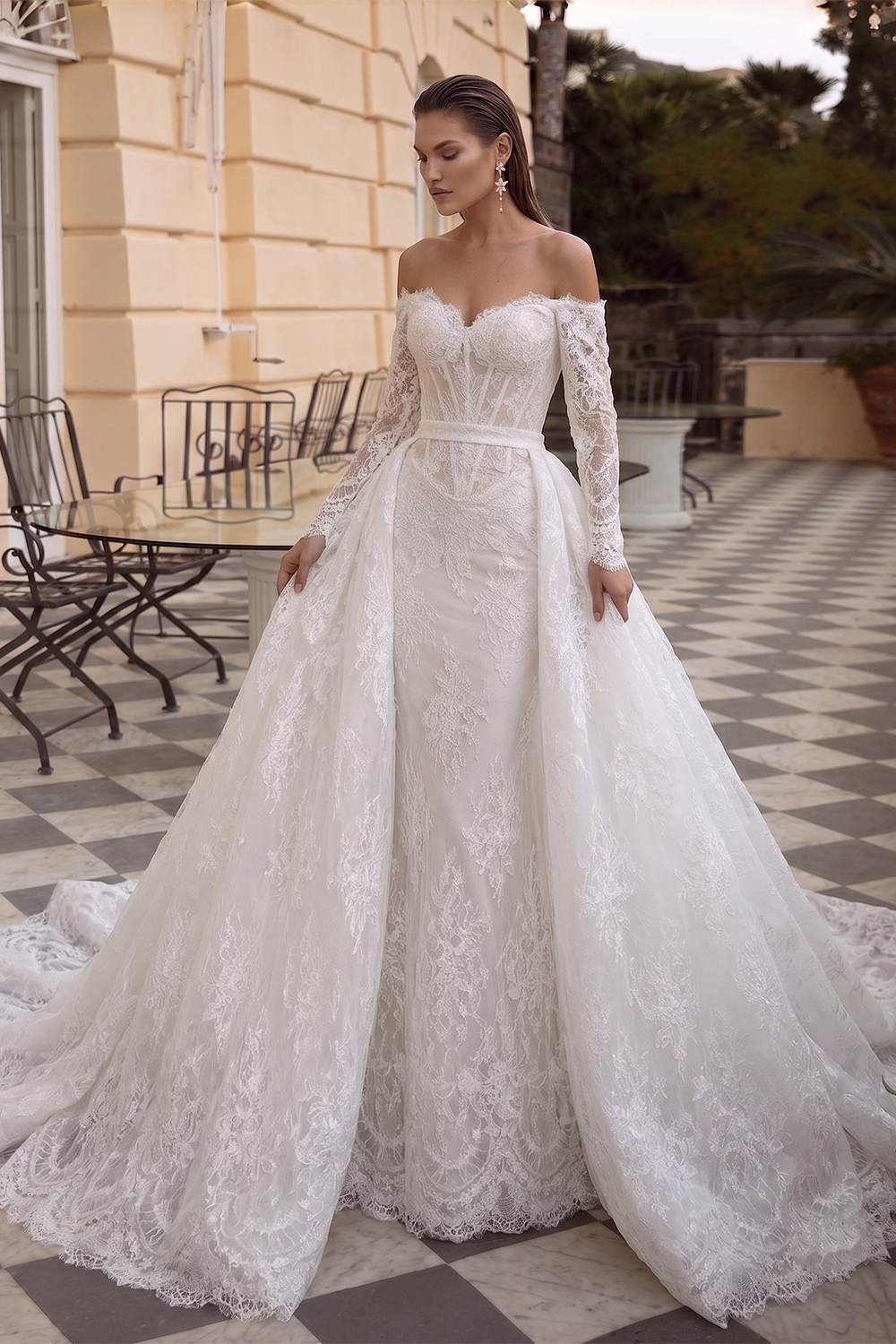 Romantic White Lace Mermaid Bridal Gown Off the Shoulder with Detachable Overskirt SW678 Sheer Fairy
