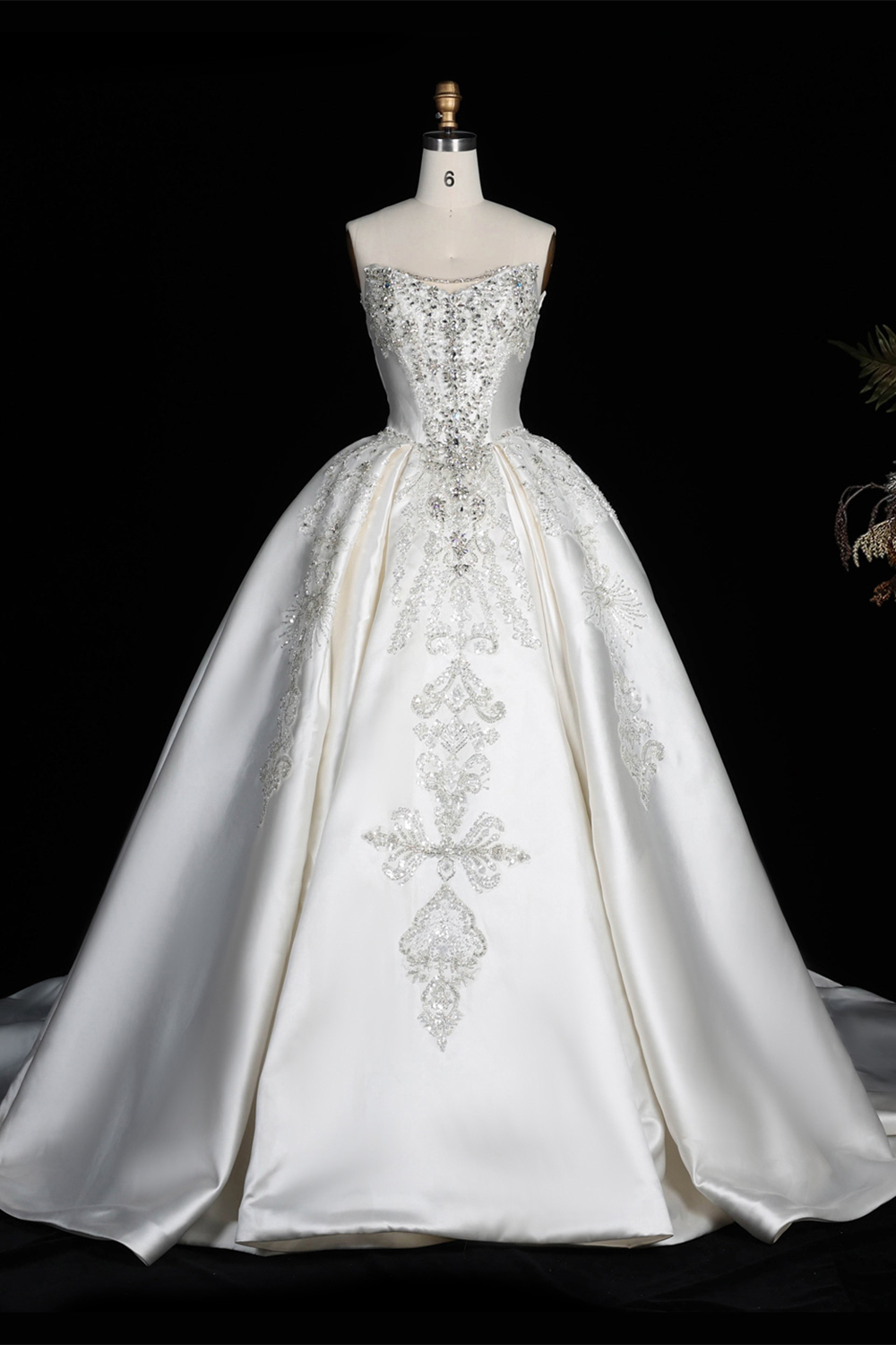 Strapless Ivory Satin Princess Ball Gown Wedding Dress with Heavy Beading and Long Train SW676 Sheer Fairy
