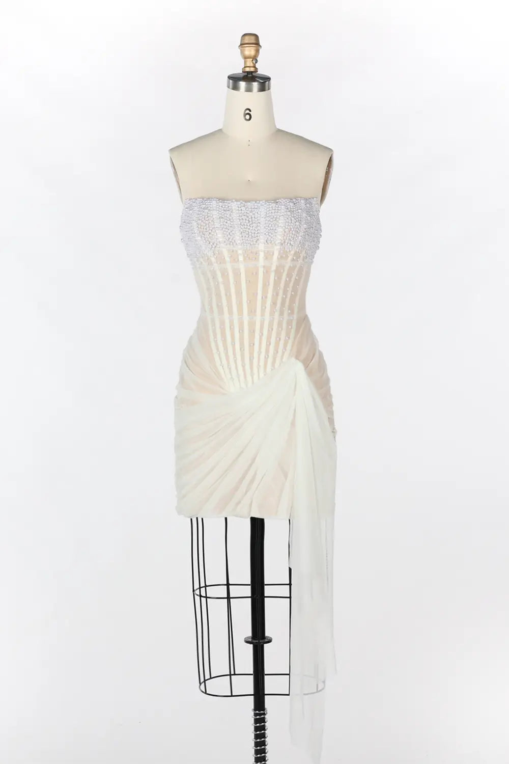 White Strapless Beaded Corset Draped Mini Dress ST089 Sheer Fairy