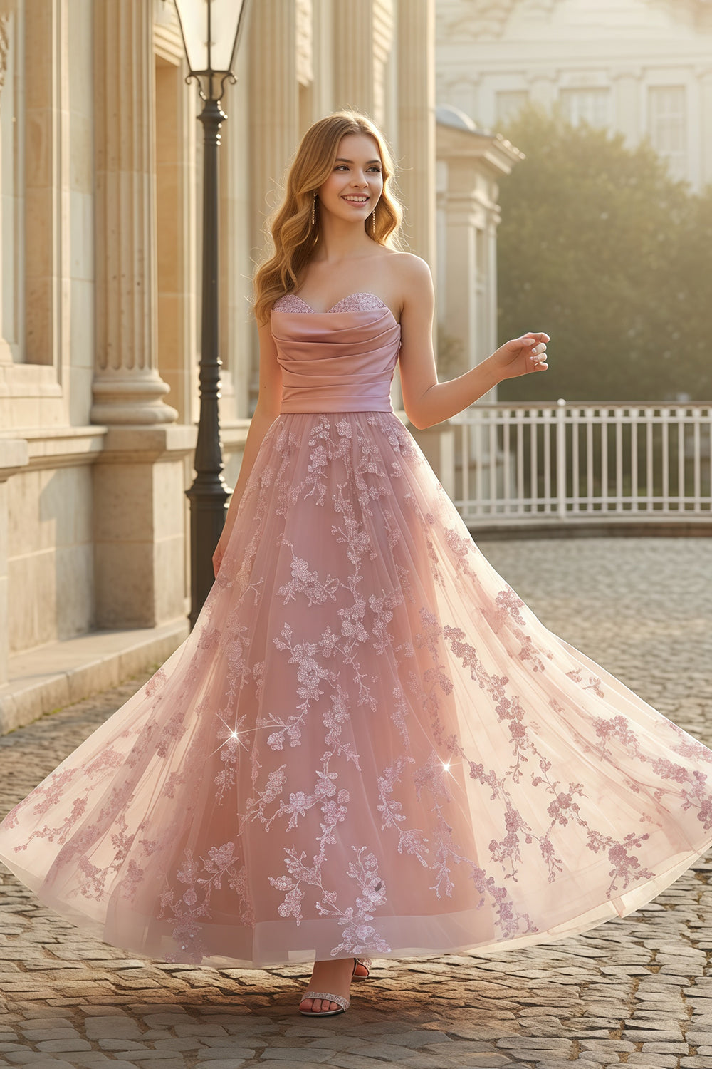 Blush Pink Strapless A-Line Prom Dress with Lace Floral SH171 Sheer Fairy