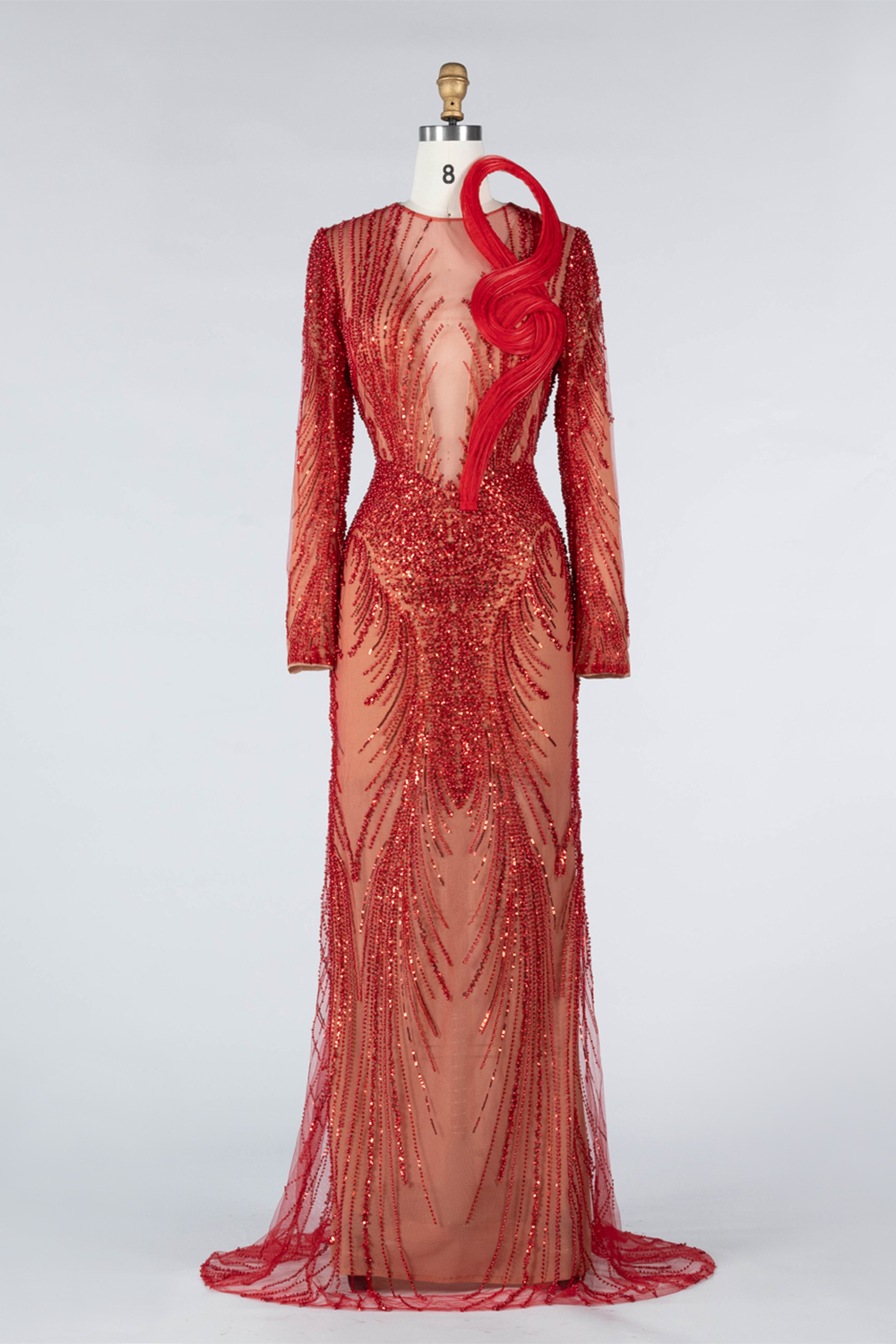 Red Sequin Beaded Long Sleeve Evening Dress with 3D Sculptural Neck Detail ST020 Sheer Fairy