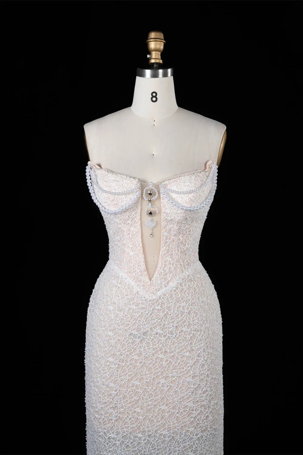 White Pearl Beaded Strapless Evening Dress ST102 Sheer Fairy