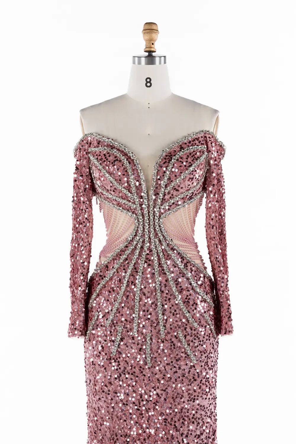 Elegant Pink Beaded Off Shoulder Sequin Evening Dress ST054 Sheer Fairy