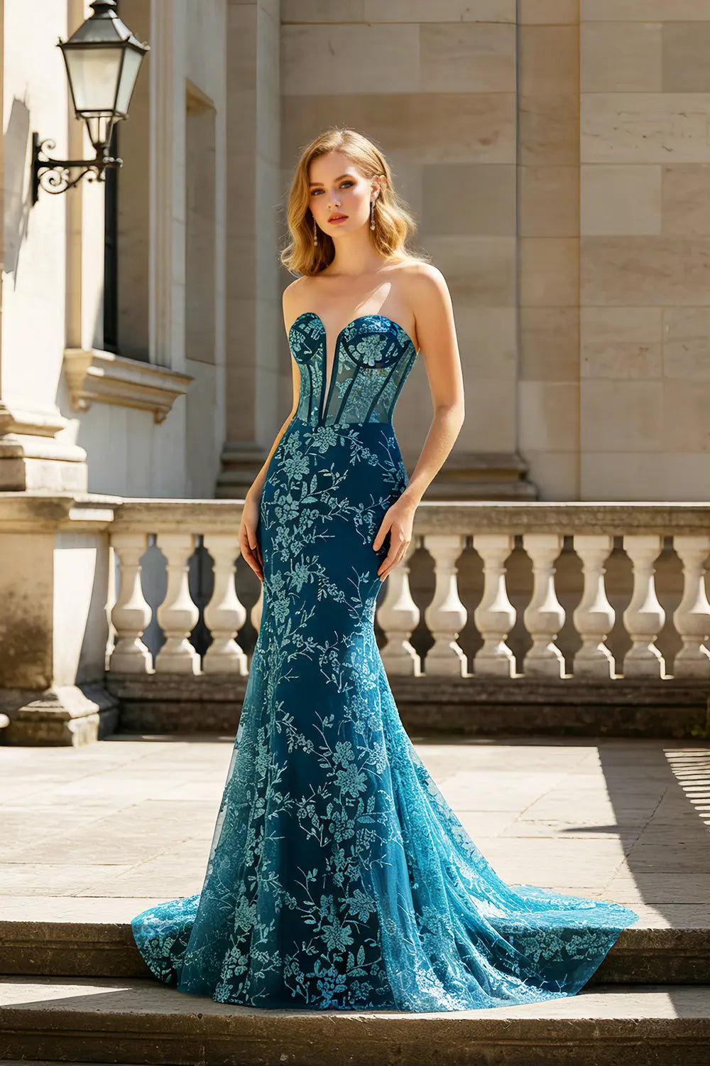 Floral Strapless Corset Teal Lace Mermaid Prom Dress SH426 Sheer Fairy