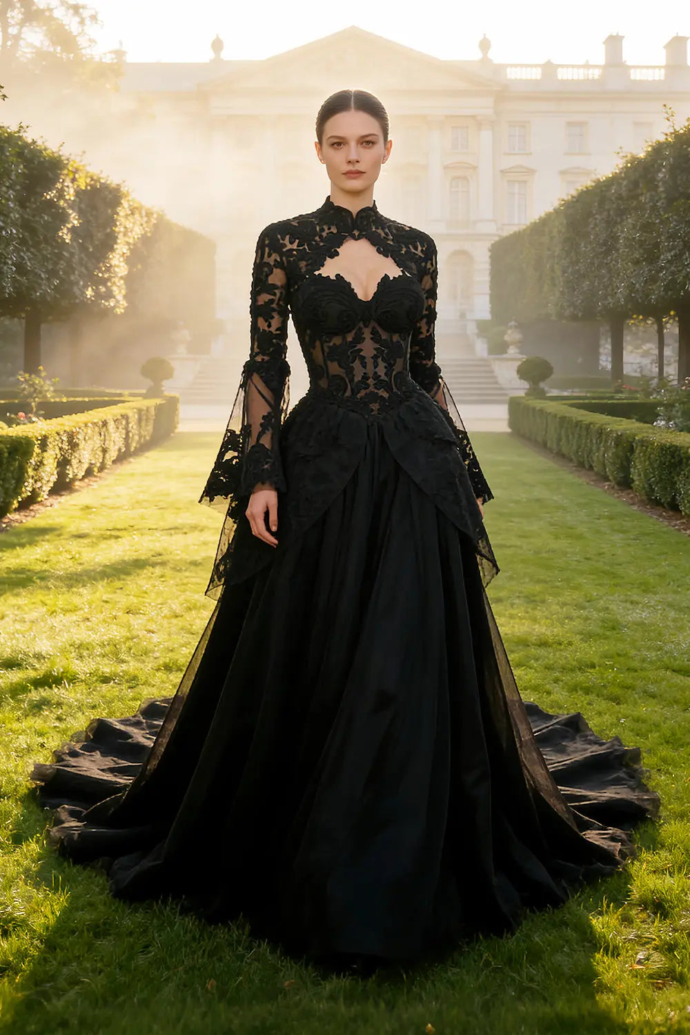 Black Gothic Lace A-Line Mandarin Collar Wedding Dress SW560 Sheer Fairy