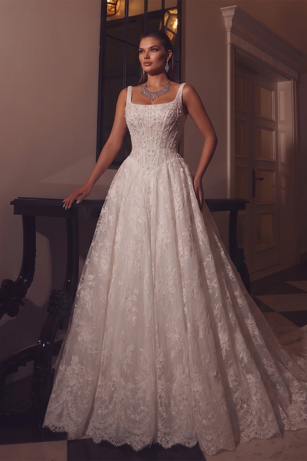 White Lace A Line Wedding Dress Square Neckline with Beaded Corset and Chapel Train SW612 Sheer Fairy