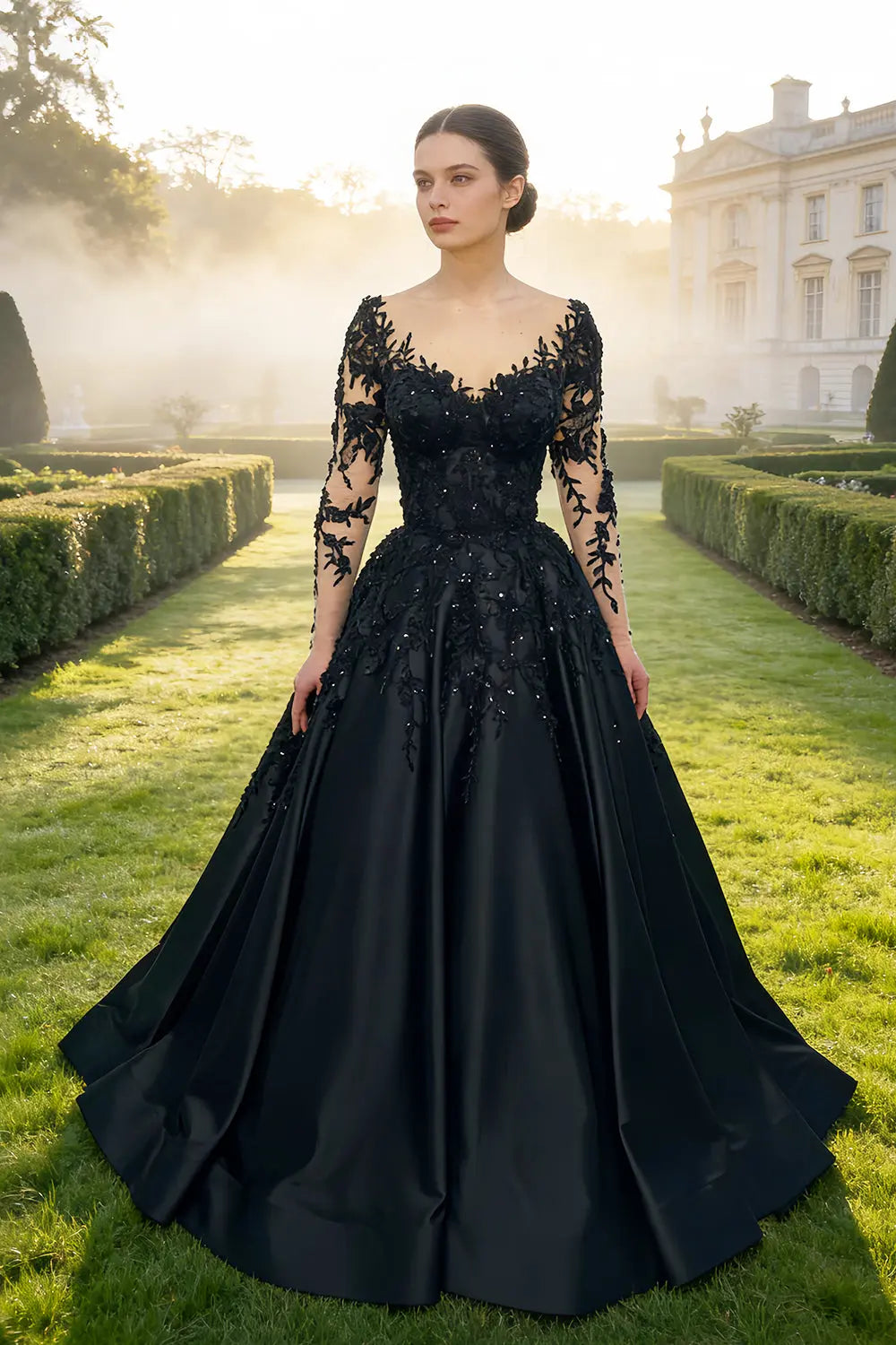 Black Satin Ballgown Wedding Dress with Illusion Lace V-Neck SW559 Sheer Fairy