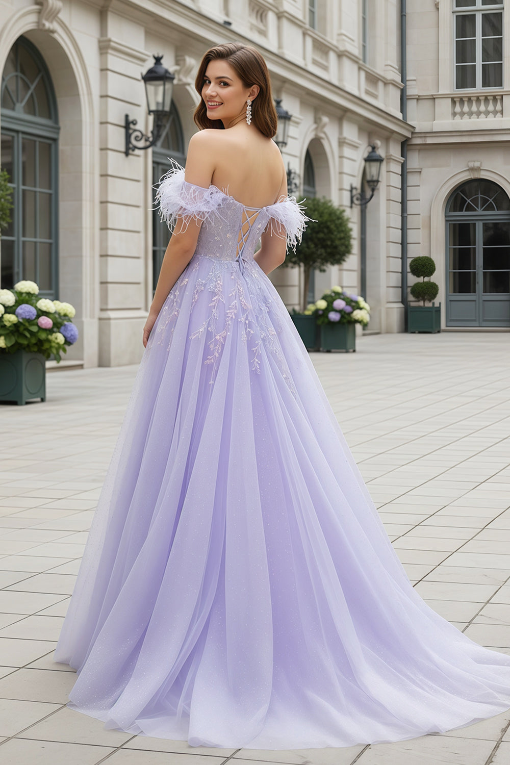 Lavender Tulle Ballgown Lilac Prom Dress with Feather Accents SH231 Sheer Fairy