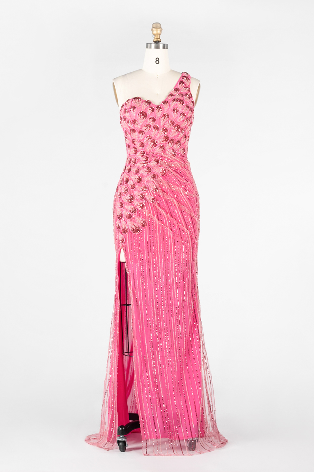 Hot Pink Beaded Striped Evening Dress One Shoulder Thigh Slit Prom Gown ST022 Sheer Fairy