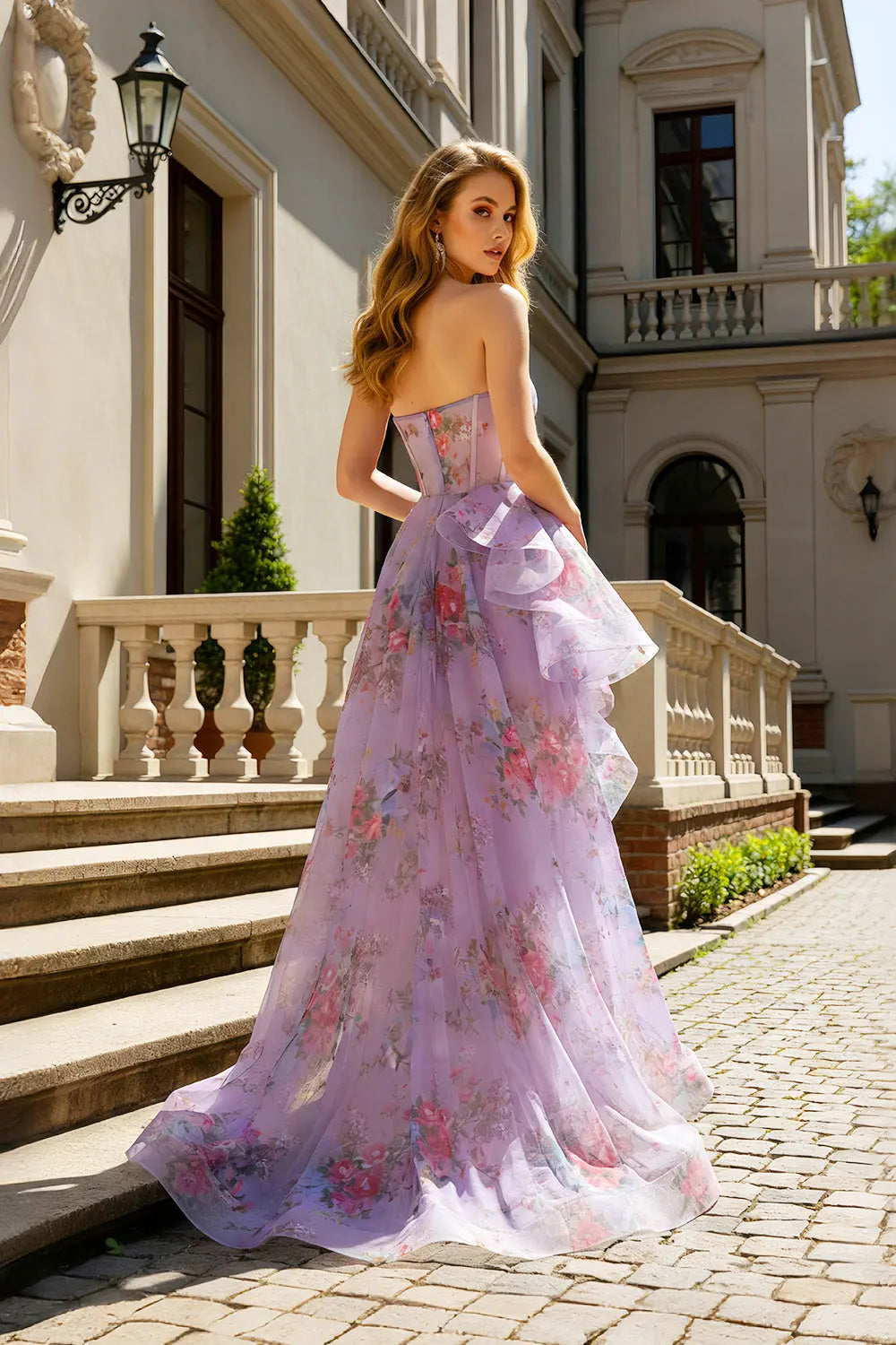 Lavender Floral Tulle A-Line High-low Tiered Lilac Prom Dress SH478 Sheer Fairy