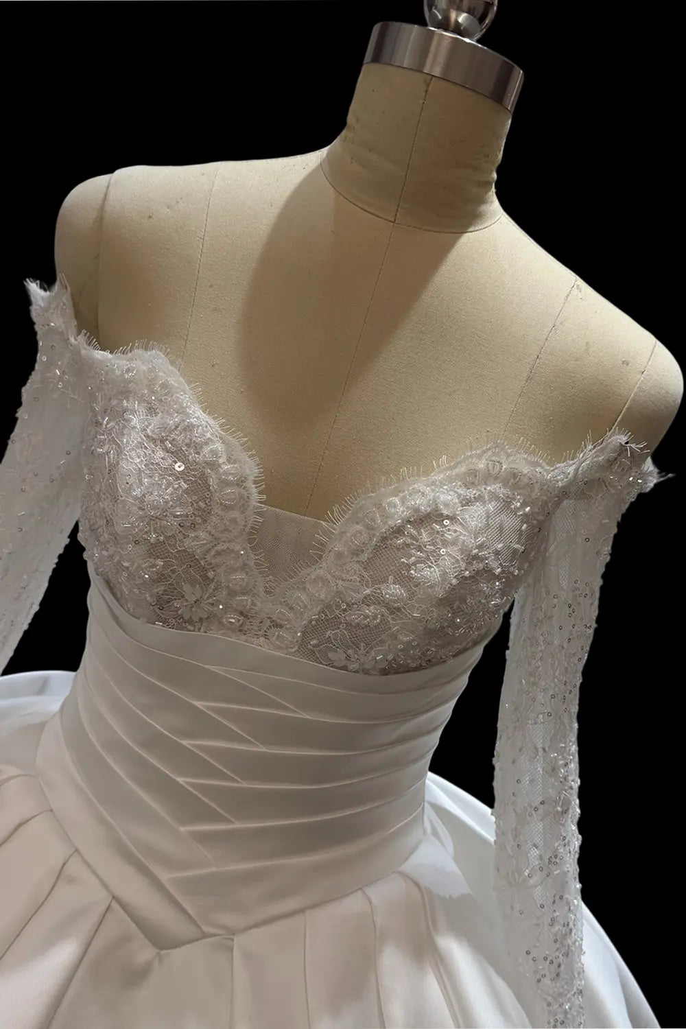 Ivory Satin Long Sleeve Off Shoulder Wedding Dress SW688 Sheer Fairy