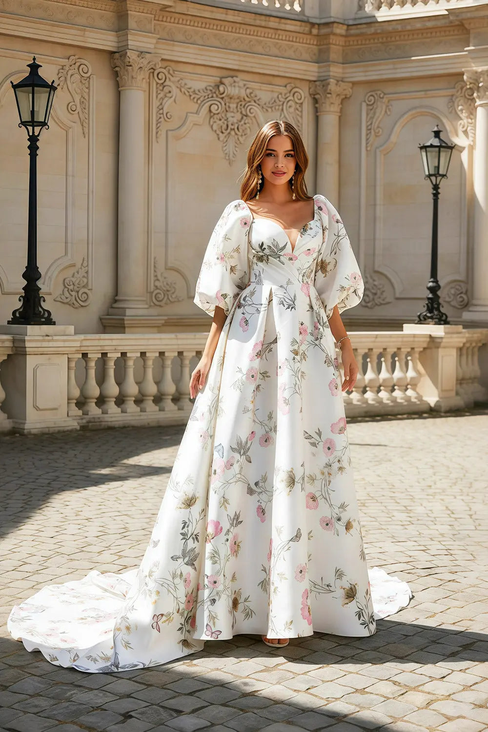 White Floral Print Puff Sleeve Satin Ball Gown Prom Dress SH469 Sheer Fairy