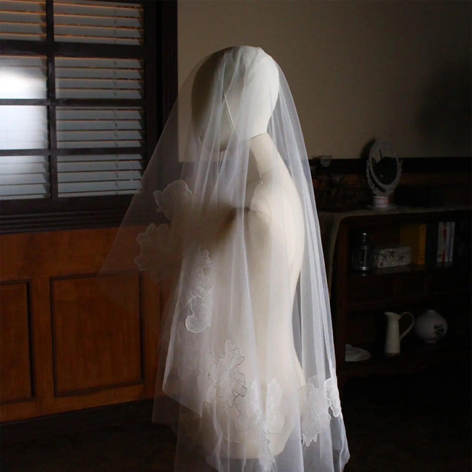 Fingertip Length White Floral Lace Applique Wedding Veil BV007 SHEER FAIRY