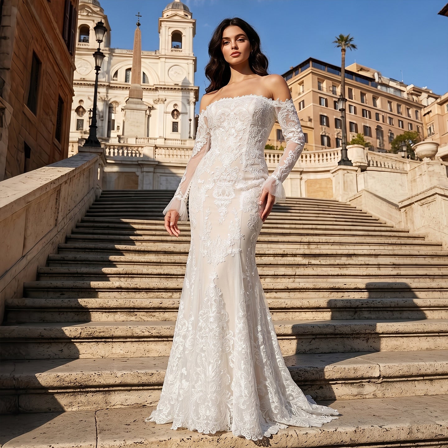 Off White  Lace Stunning Feminine Mermaid Wedding Dress Train  SW650 Sheer Fairy