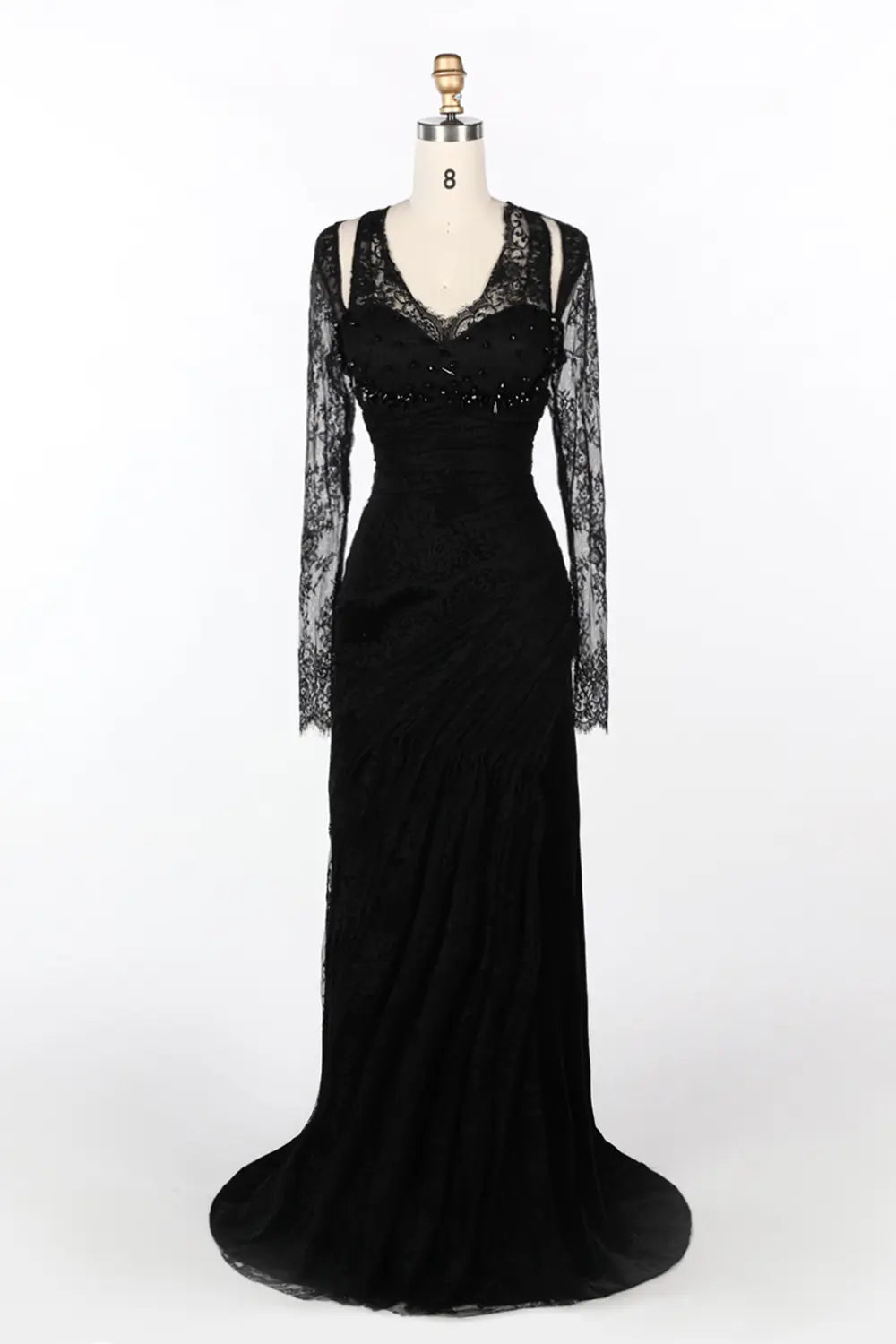 Black Beaded Lace Sleeve Mermaid Evening Dress ST093 Sheer Fairy