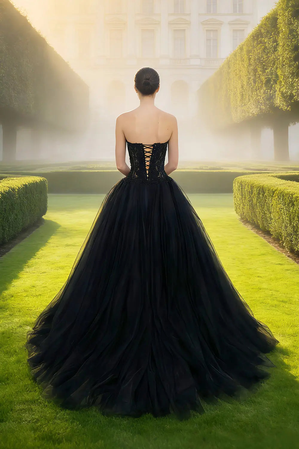 Black Lace Ballgown Corset Closure Wedding Dress SW567 Sheer Fairy