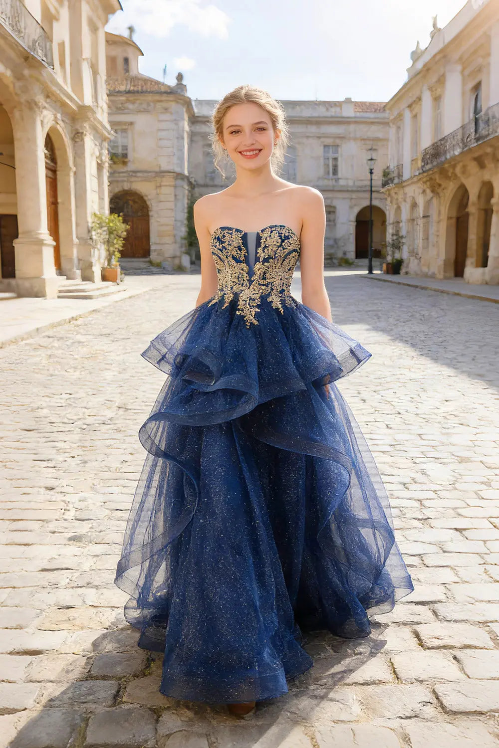 Navy Blue Glitter Sweetheart Tulle Ball Gown Prom Dress SH490 Sheer Fairy