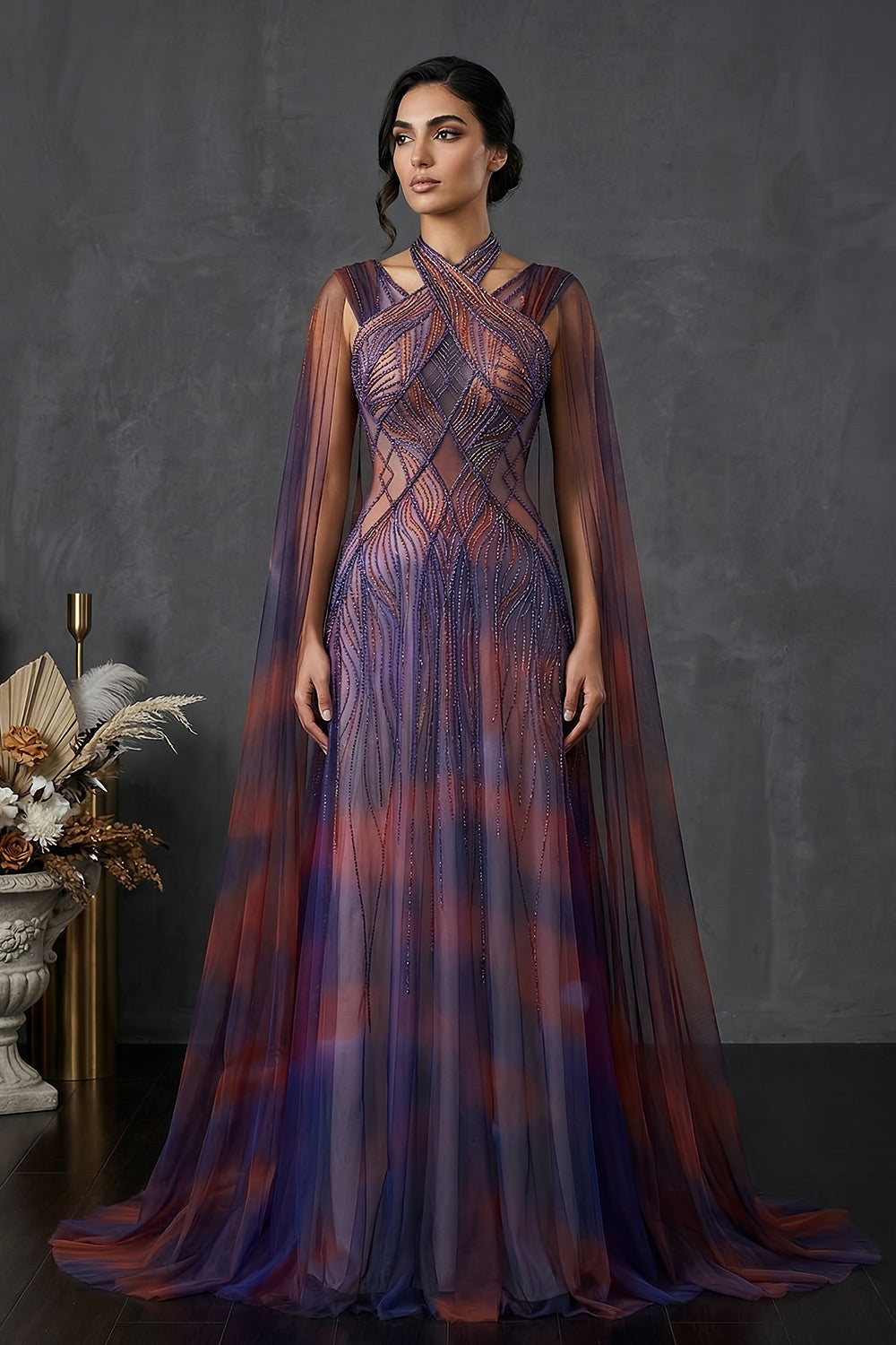 Luxury Ombre Purple Orange Beaded Mermaid Evening Dress with Cape SS297 Sheer Fairy