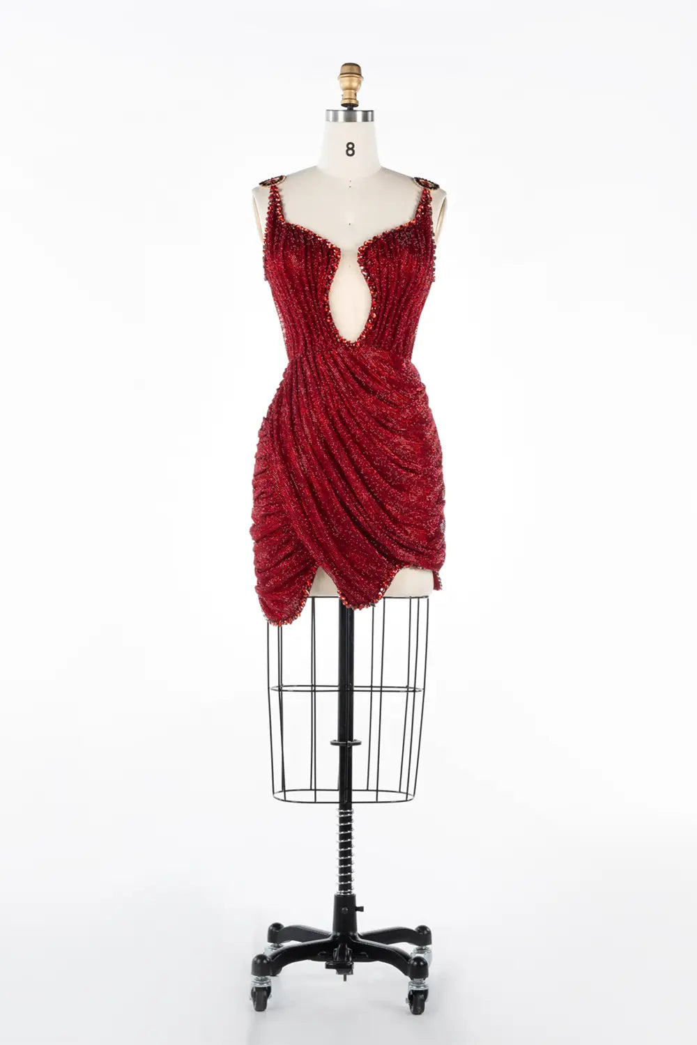 Wine Red Beaded Ruched Cutout Mini Evening Dress ST039 Sheer Fairy
