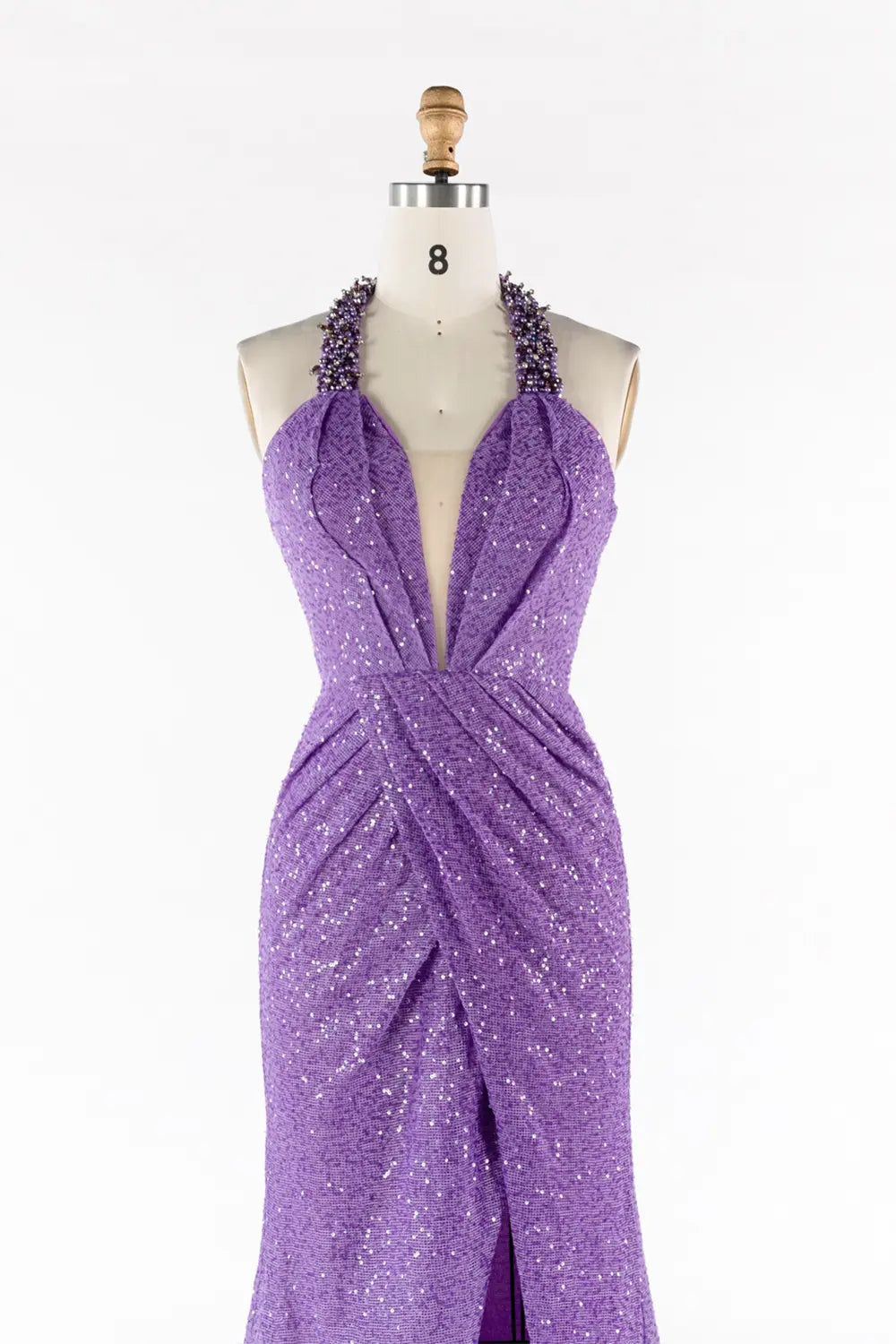 Purple Beaded Halter Neck Sequin High Slit Evening Gown ST056 Sheer Fairy