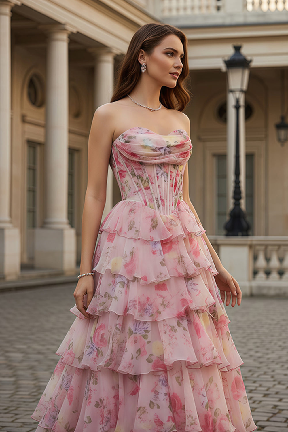 Pink Pastel Floral Strapless Tiered Chiffon A-Line Prom Dress SH105 Sheer Fairy