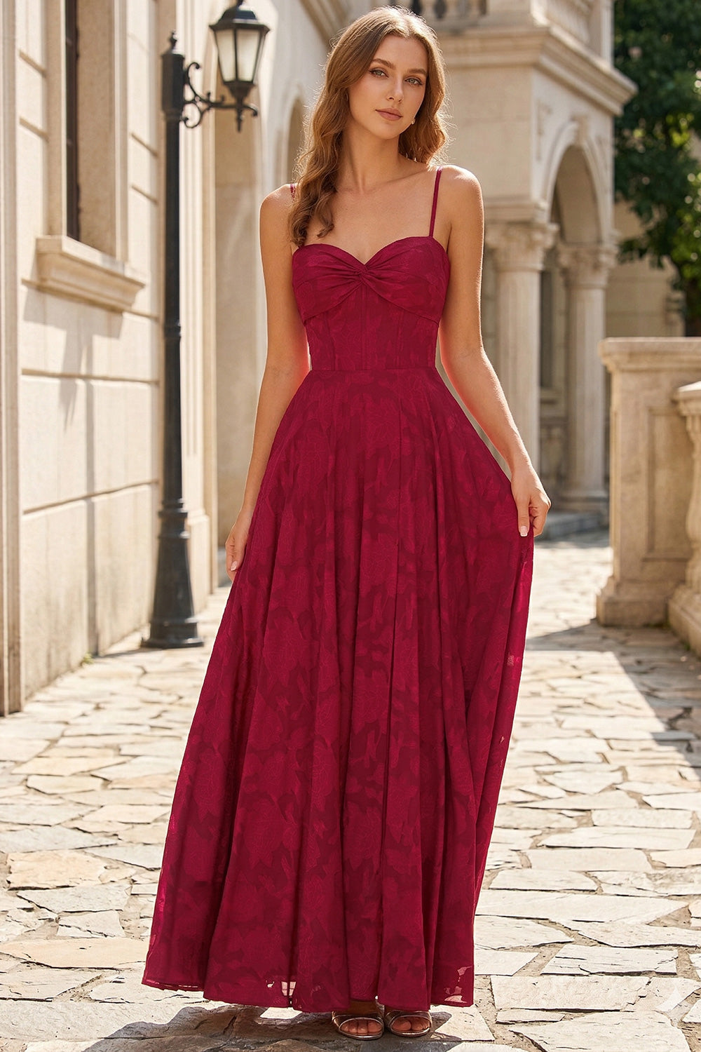 Burgundy Lace A Line Long Prom Dresses Spaghetti Strap SH736 Sheer Fairy