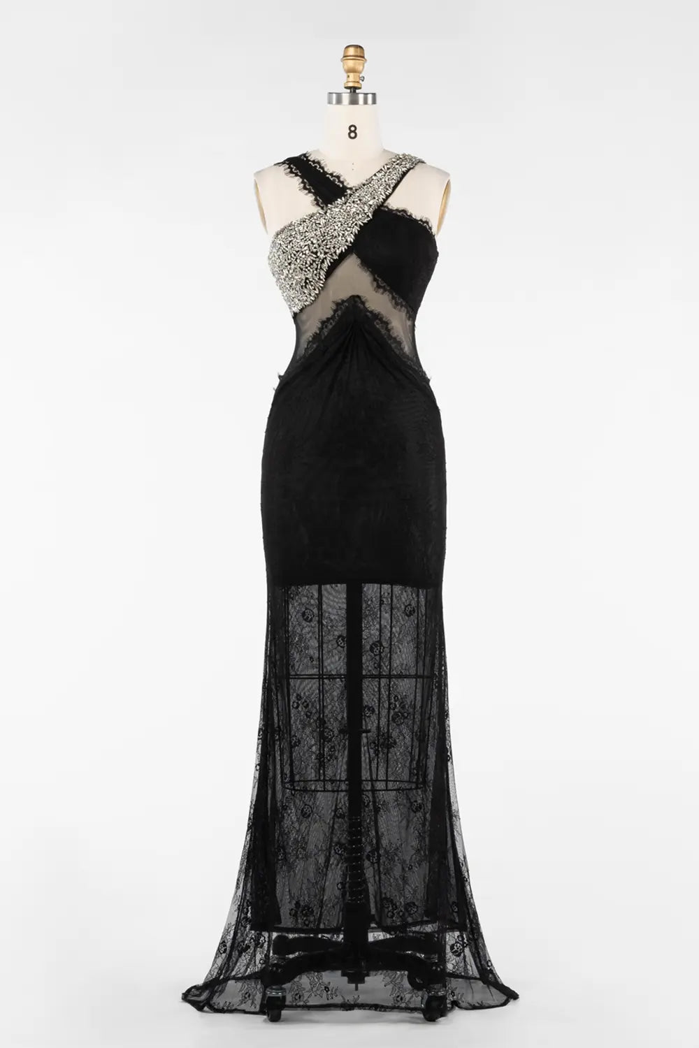 Black Asymmetrical Crystal Strap Sheer Lace Evening Gown ST045 Sheer Fairy