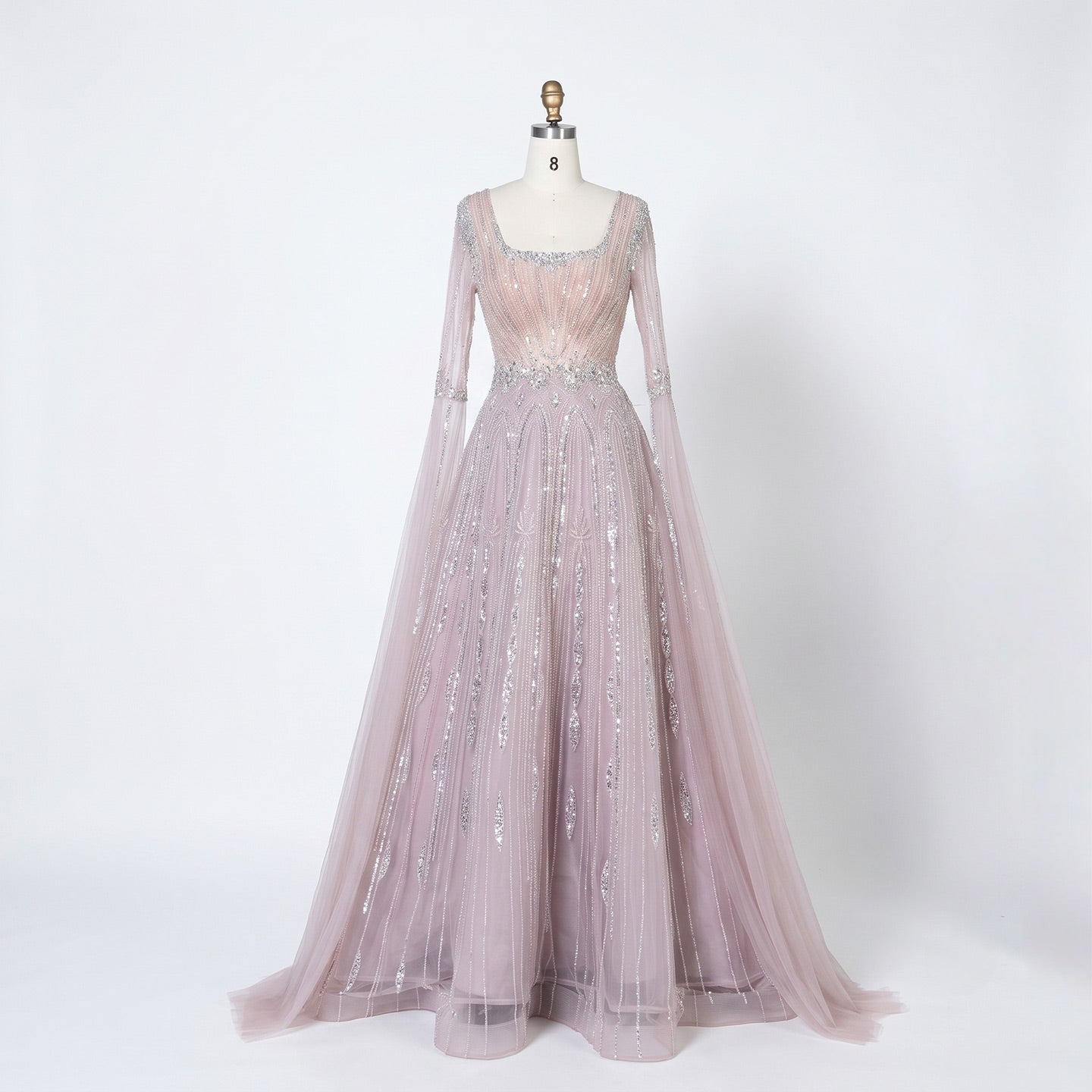 Sparkling Sequined Square Neck Long Sleeve A Line Evening Gown SS065 Sheer Fairy
