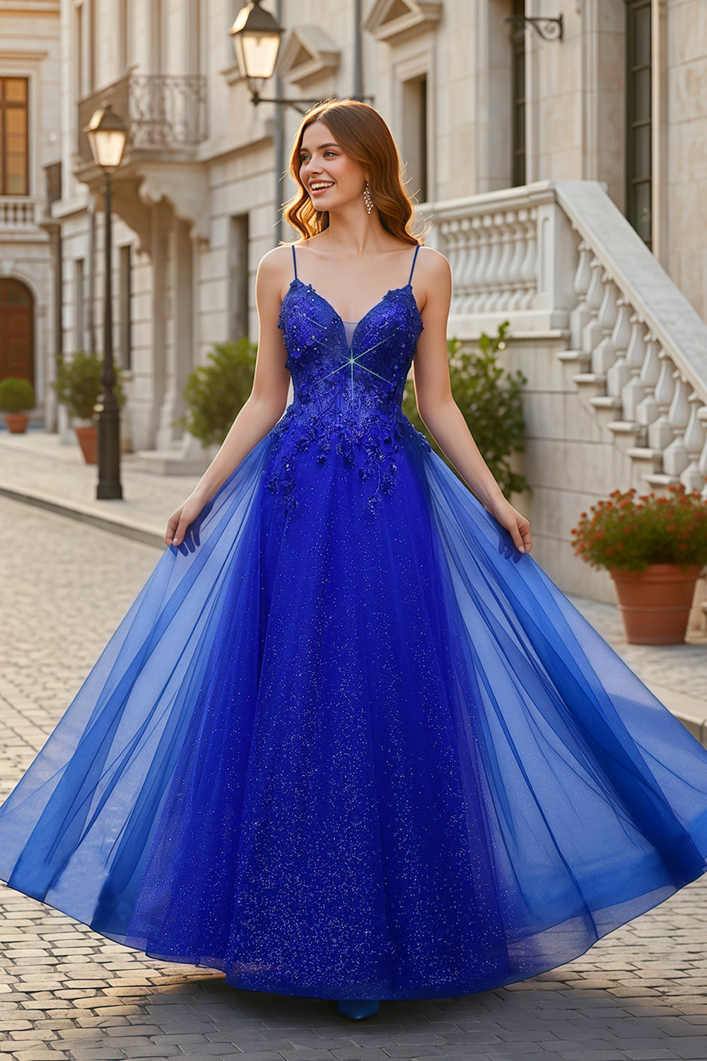 Royal Blue Glitter Tulle A-Line Corset Lace-Up Prom Dress SH386 Sheer Fairy