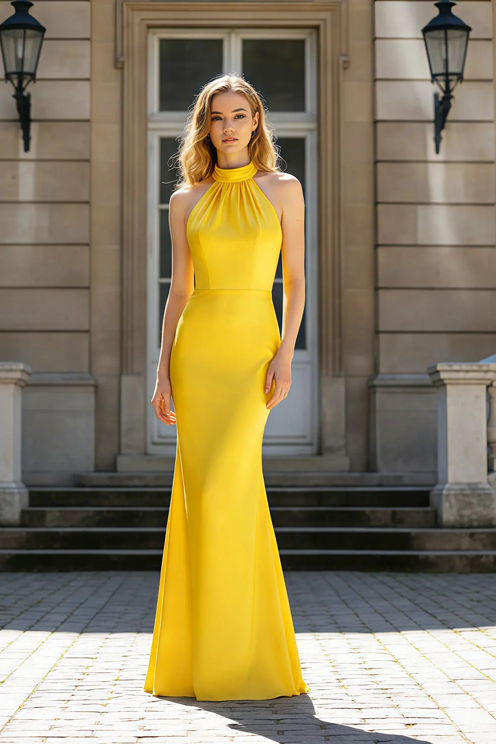 Glamorous Yellow Satin Mermaid Halter Neck Prom Dress SH428 Sheer Fairy