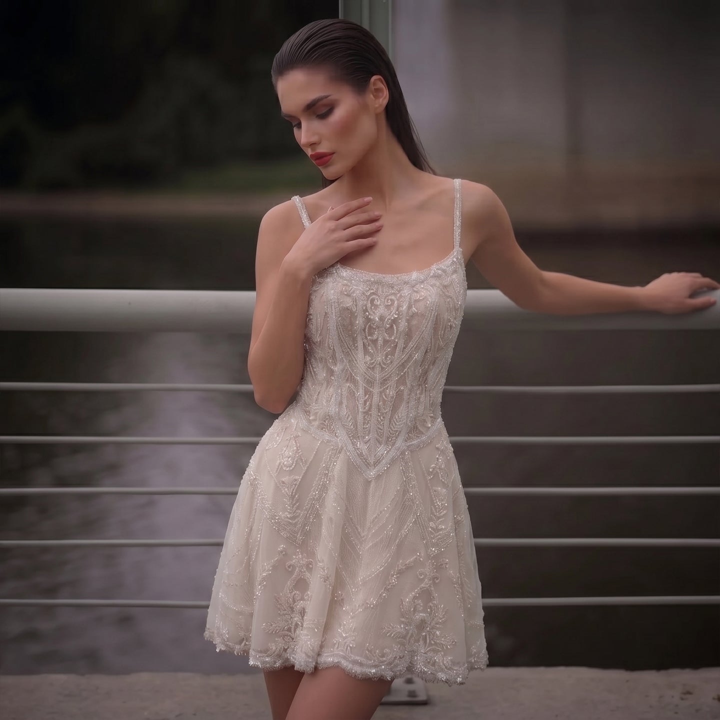 Luxury Beaded Lace Mini Wedding Dress with Corset Bodice SW707 Sheer Fairy