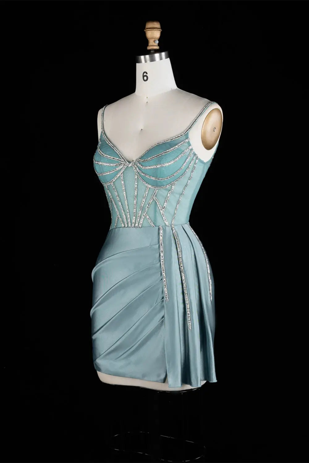 Turquoise Satin Spaghetti Strap Sheath Mini Homecoming Dress RM174 Sheer Fairy