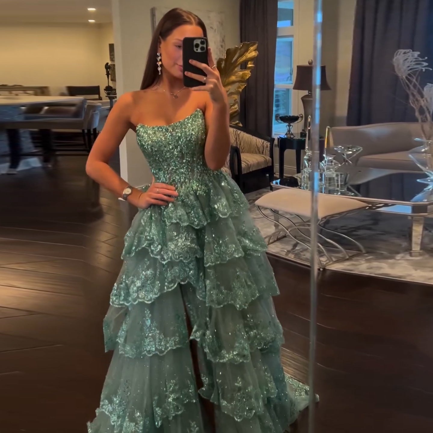 Strapless Ruffled Lace Sequin A-Line Prom Dress SH162